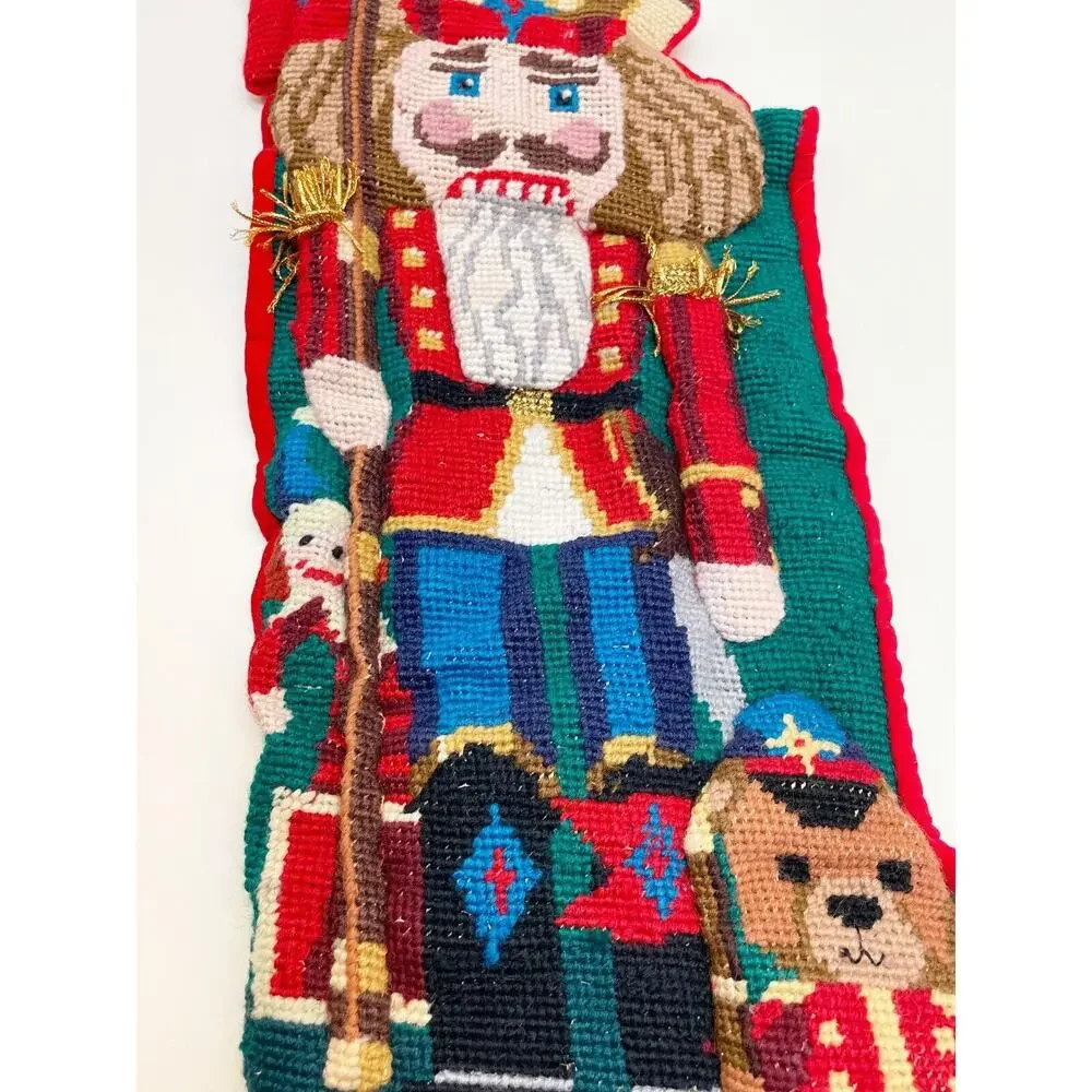 Vintage Needlepoint Wool Christmas Stocking Nutcracker Teddy Bear 3D